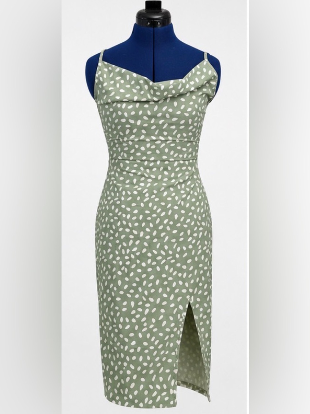 SHEIN Sage Green Polka Dot Midi Dress XS Cowl Neck Slit